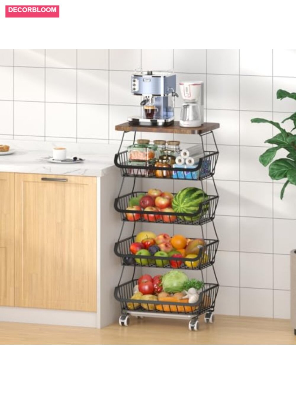 5-Tier Rolling Wire Fruit Basket with Wooden Lid for Kitchen